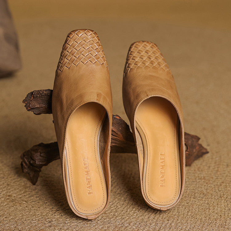Women's Woven Square Toe Mule Shoes – Flat Block Heel Slip On Casual