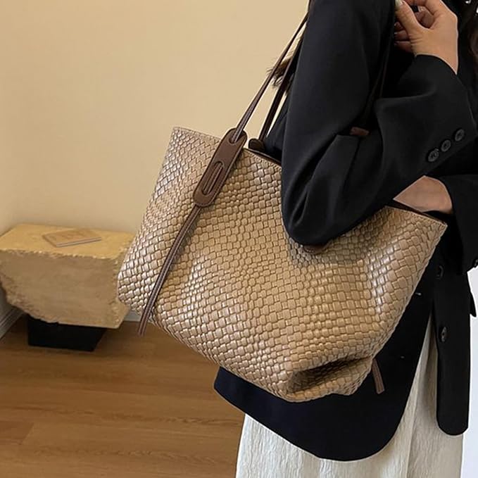 Women's Woven Texture Large Tote Bag – Basket Weave Double Strap Everyday Work