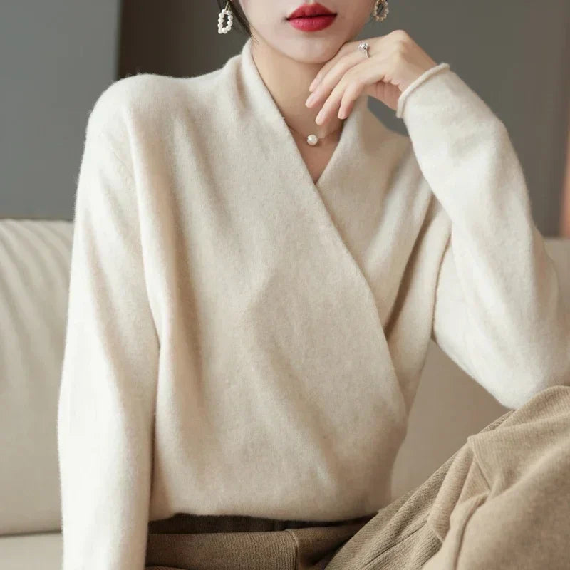 Women's Wrap Front V Neck Knit Sweater – Long Sleeve Crossover Smart Casual