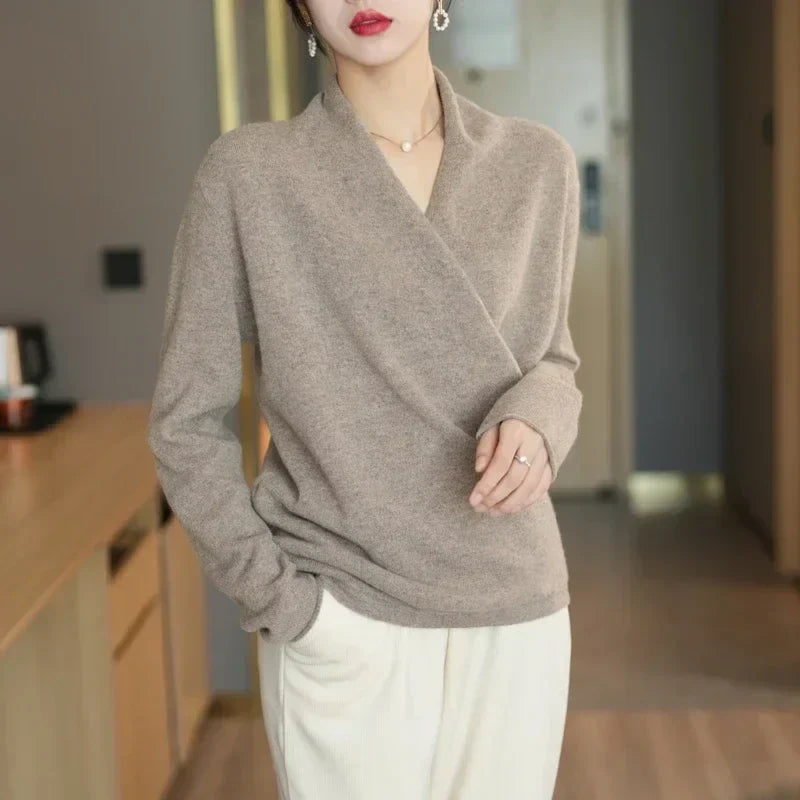 Women's Wrap Front V Neck Knit Sweater – Long Sleeve Crossover Smart Casual