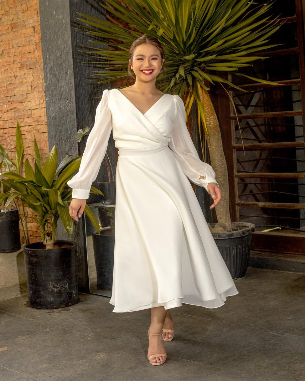 Women's Wrap Midi Dress – V Neck Bishop Sleeve A-Line Wedding Guest