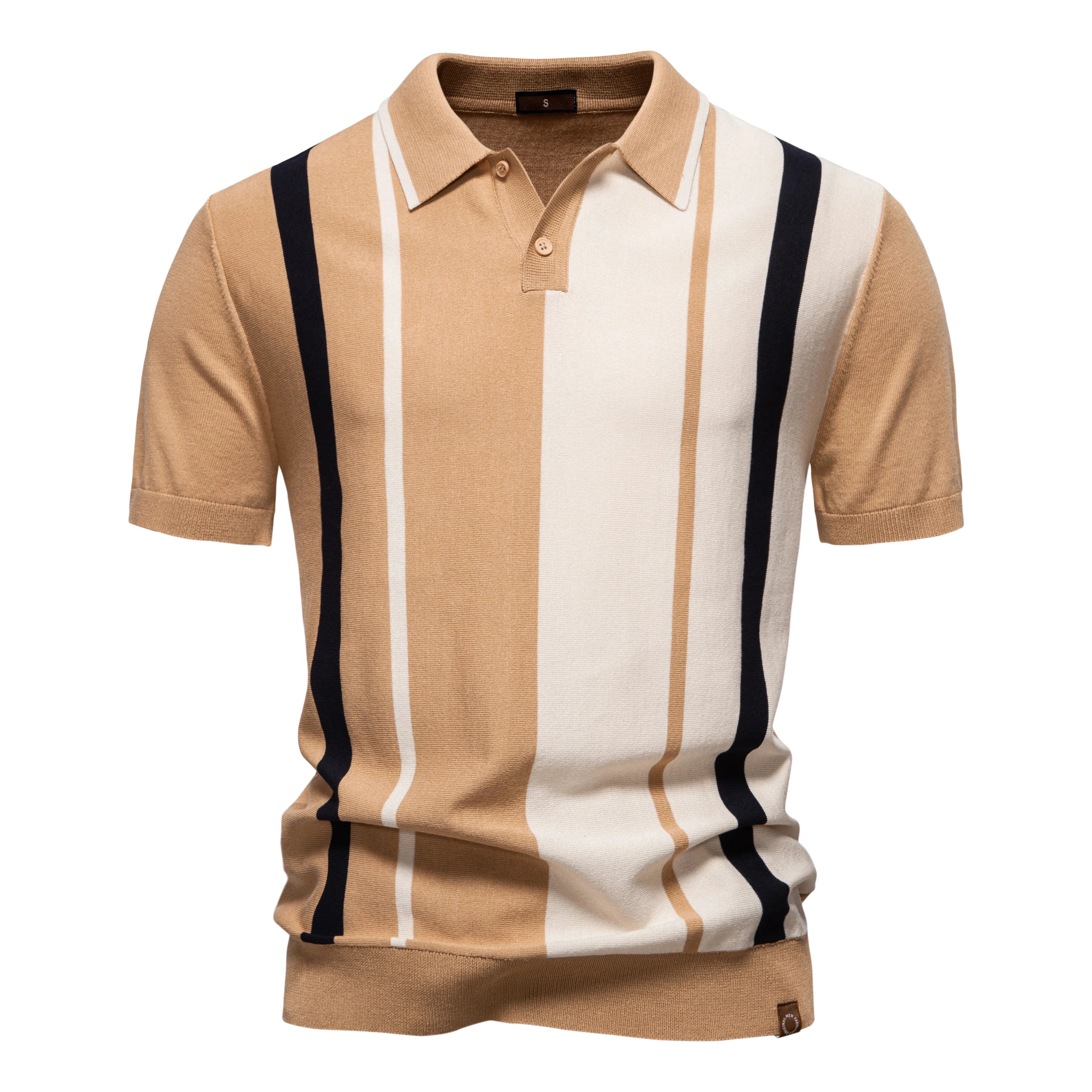 Men's Bold Vertical Stripe Knit Polo – Two Button Short Sleeve Golf