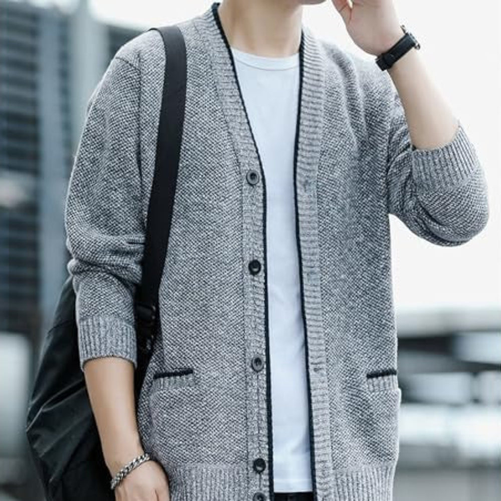 Men's Button Front V Neck Cardigan – Lined Long Sleeve Casual Everyday Wear