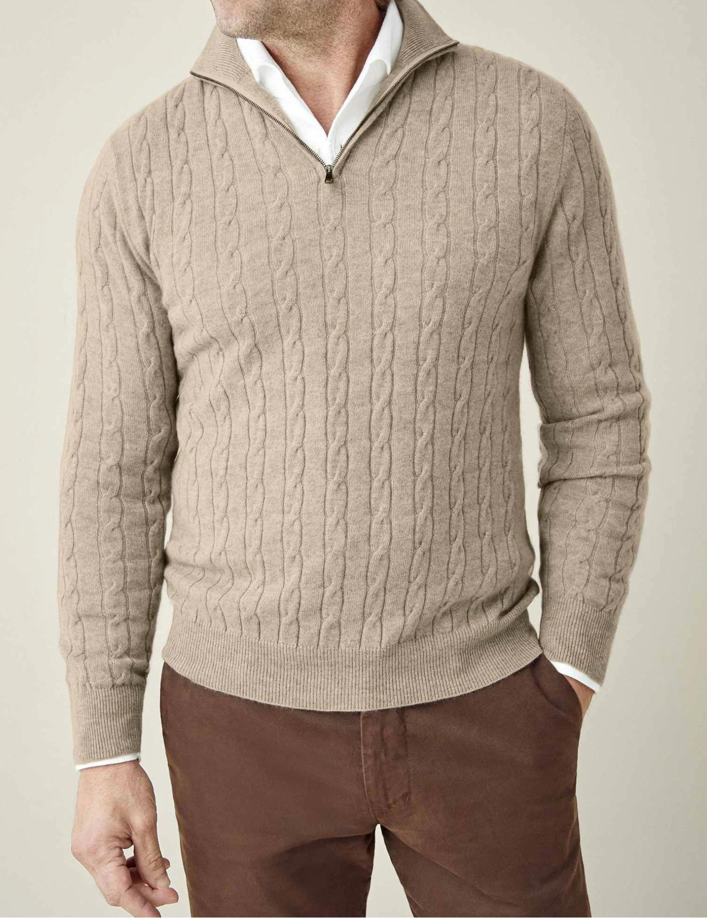 Men's Cable Knit Half Zip Stand Collar Sweater – Long Sleeve Smart Casual Wear