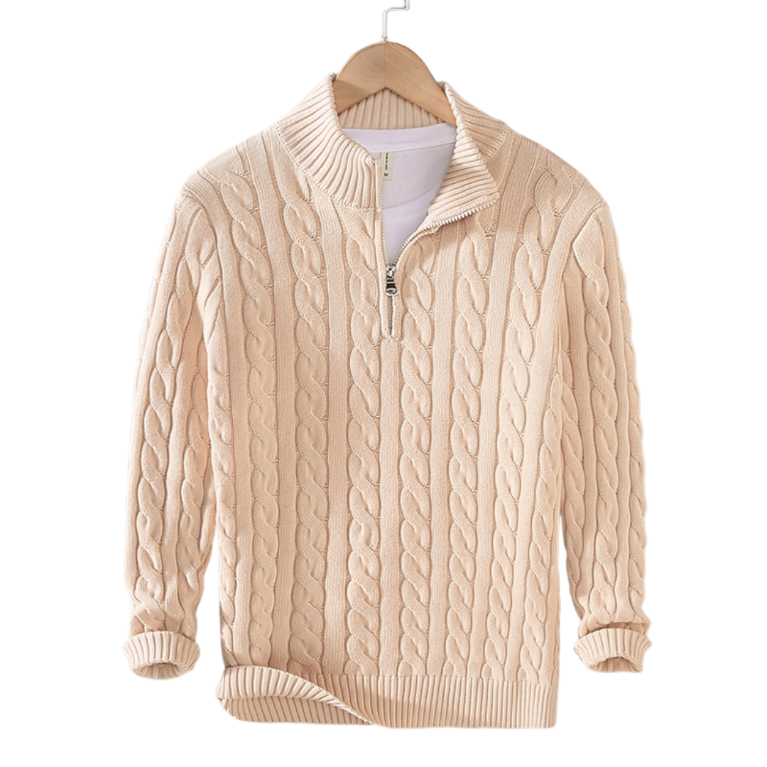 Men's Cable Knit Quarter Zip Sweater – Stand Collar Long Sleeve Casual Wear