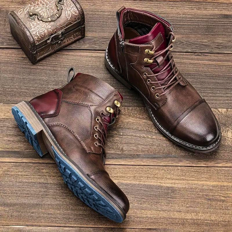 Men's Cap Toe Ankle Boots – Lace Up Side Zip Block Heel Casual