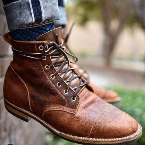 Men's Cap Toe Lace Up Ankle Boots – Low Block Heel Everyday Casual