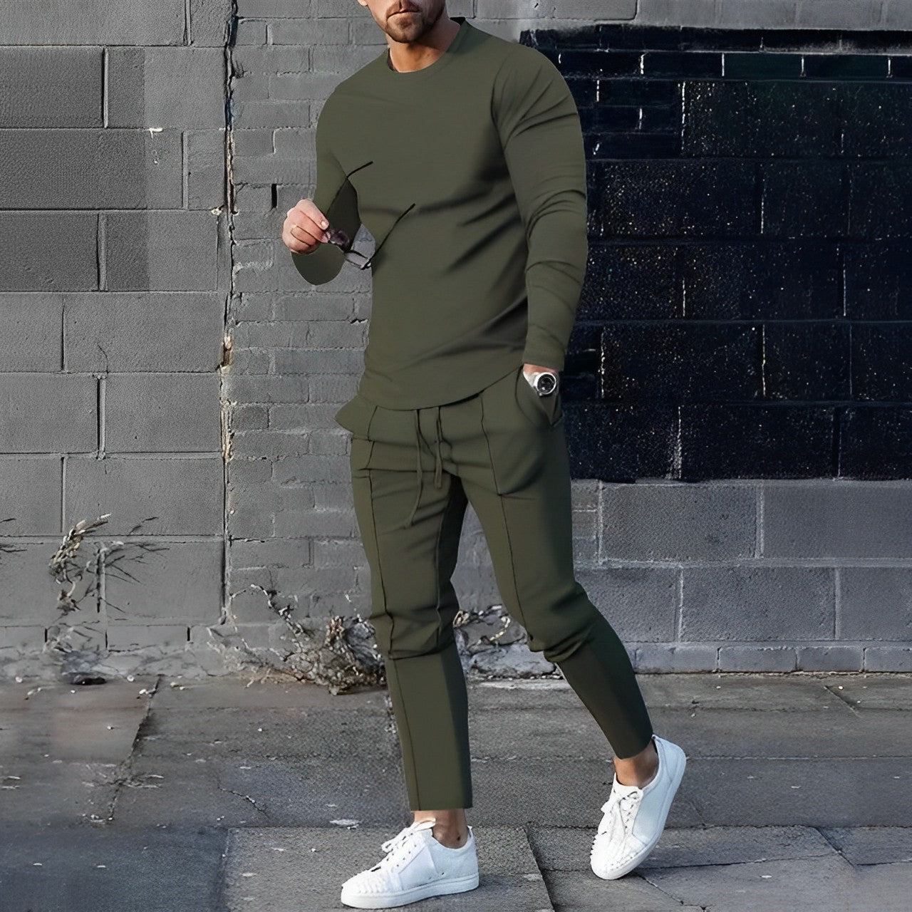 Men's Casual 2-Piece Lounge Set – Crew Neck Long Sleeve Drawstring Jogger