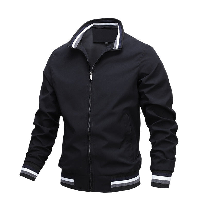 Men's Casual Bomber Jacket – Stand Collar Zip Front Striped Ribbed Trim