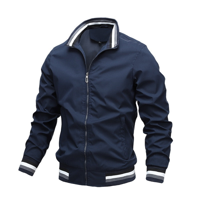 Men's Casual Bomber Jacket – Stand Collar Zip Front Striped Ribbed Trim