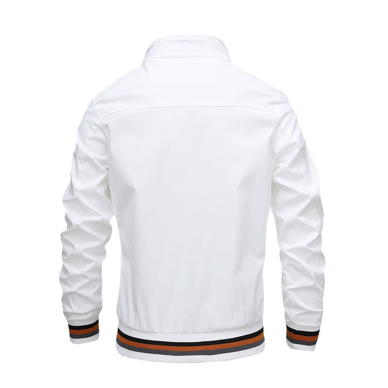 Men's Casual Bomber Jacket – Stand Collar Zip Front Striped Ribbed Trim