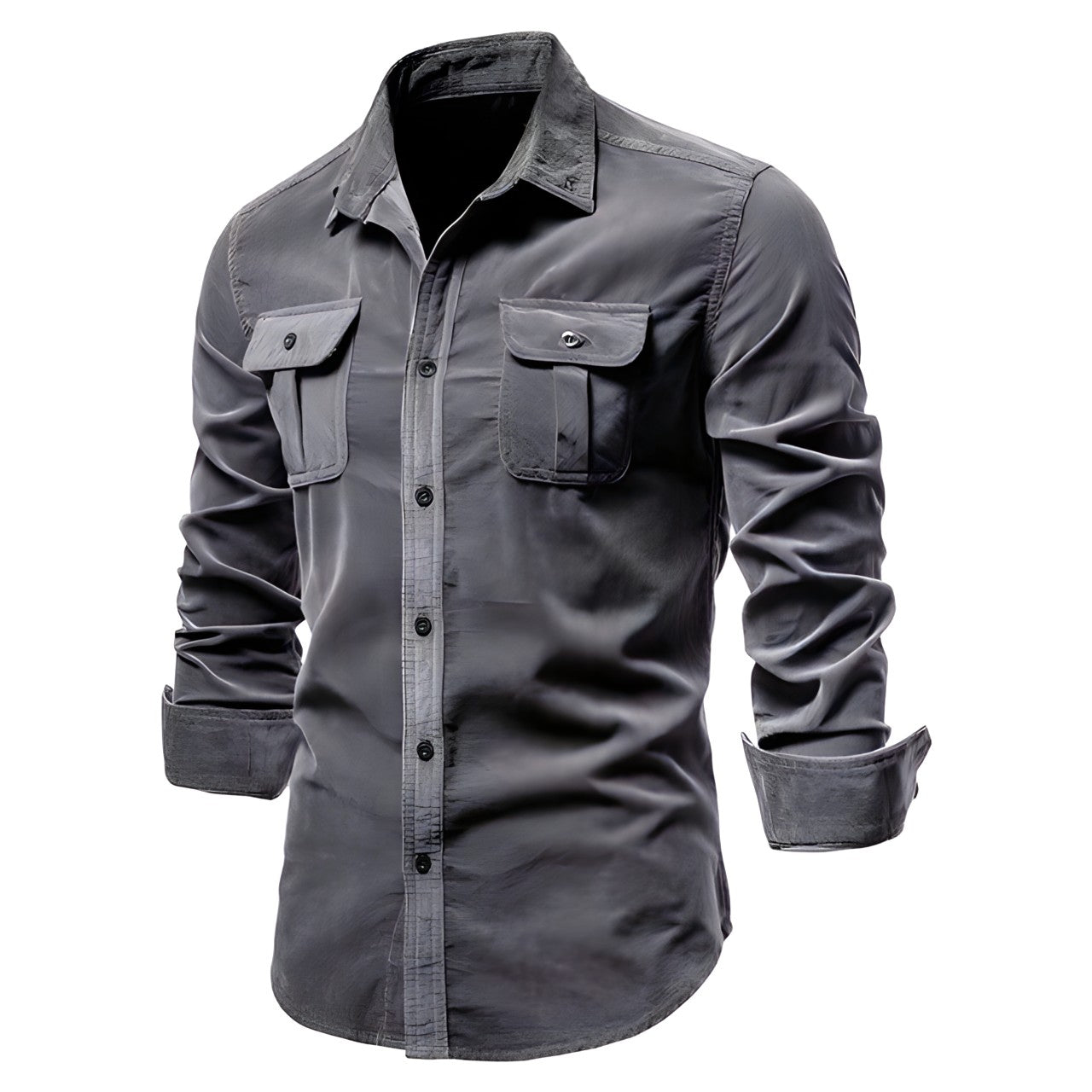 Men's Casual Long Sleeve Shirt – Dual Flap Chest Pocket Button Down Workwear