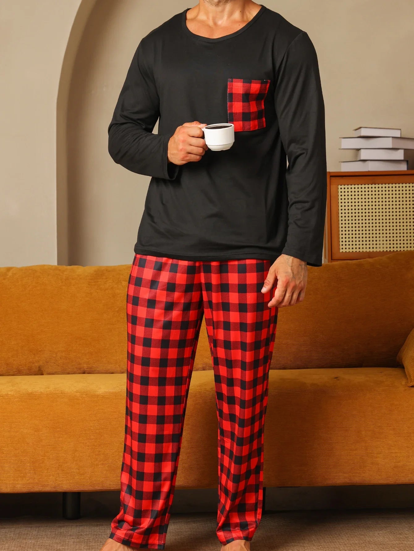 Men's Check Pajama Set – Crew Neck Long Sleeve Chest Pocket Nightwear
