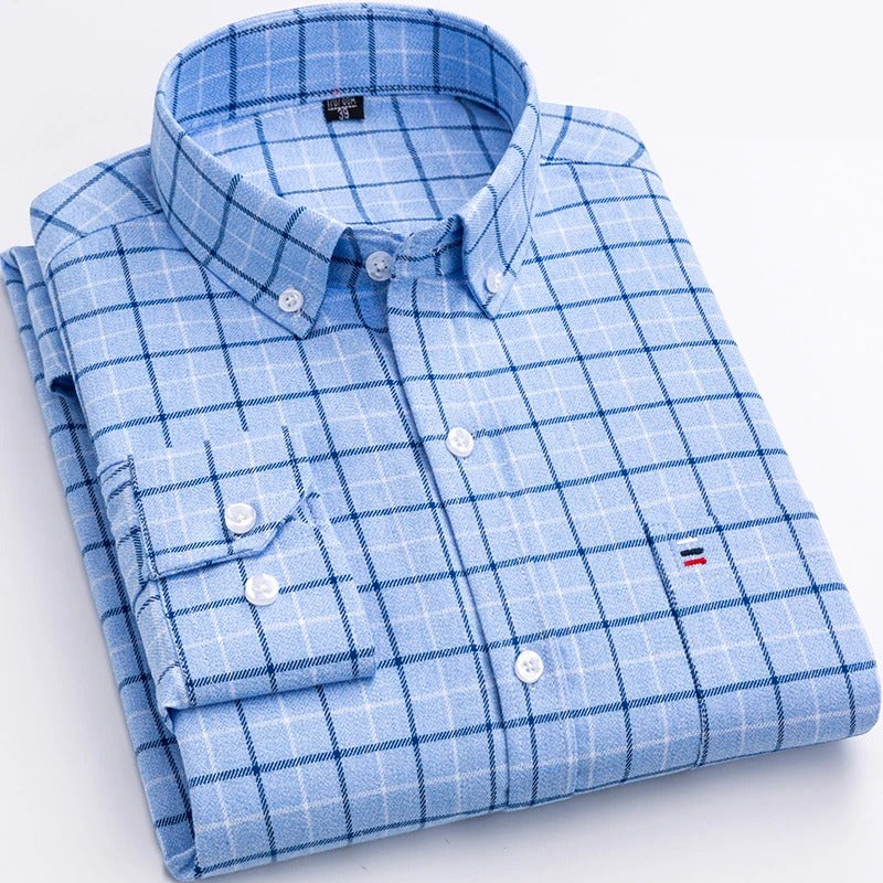 Men's Check Plaid Long Sleeve Shirt – Button Down Collar Chest Pocket Casual