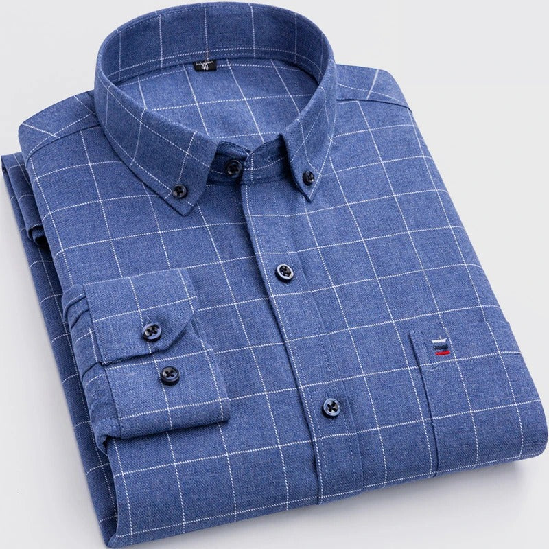 Men's Check Plaid Long Sleeve Shirt – Button Down Collar Chest Pocket Casual