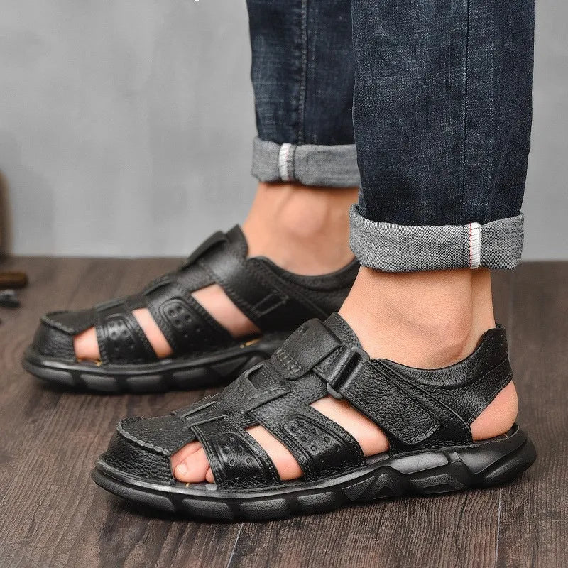 Men's Closed Toe Sandals – Hook Loop Ankle Strap Cutout Upper Summer Casual