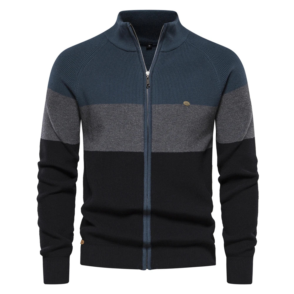Men's Color Block Full Zip Cardigan – Stand Collar Long Sleeve Everyday Wear