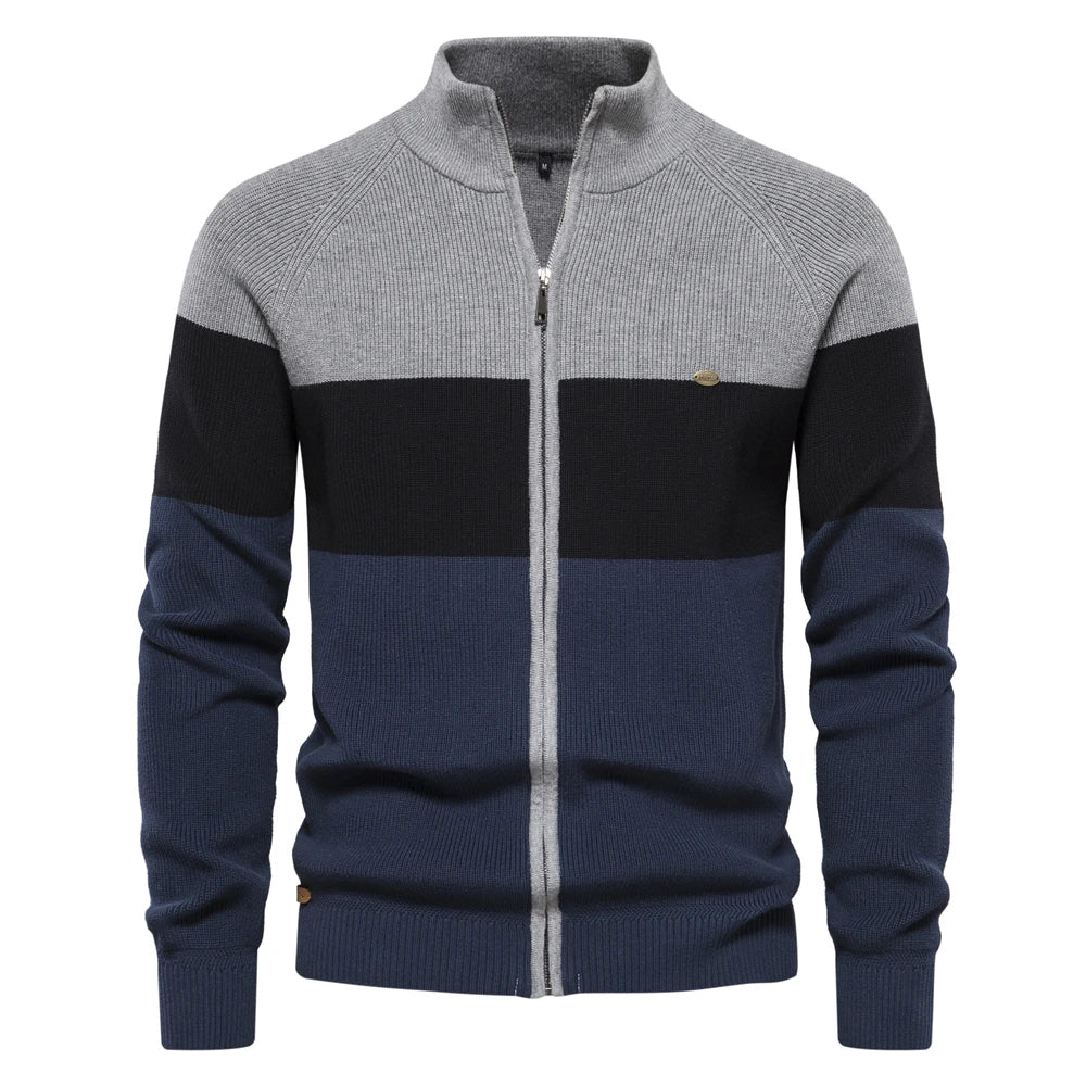 Men's Color Block Full Zip Cardigan – Stand Collar Long Sleeve Everyday Wear
