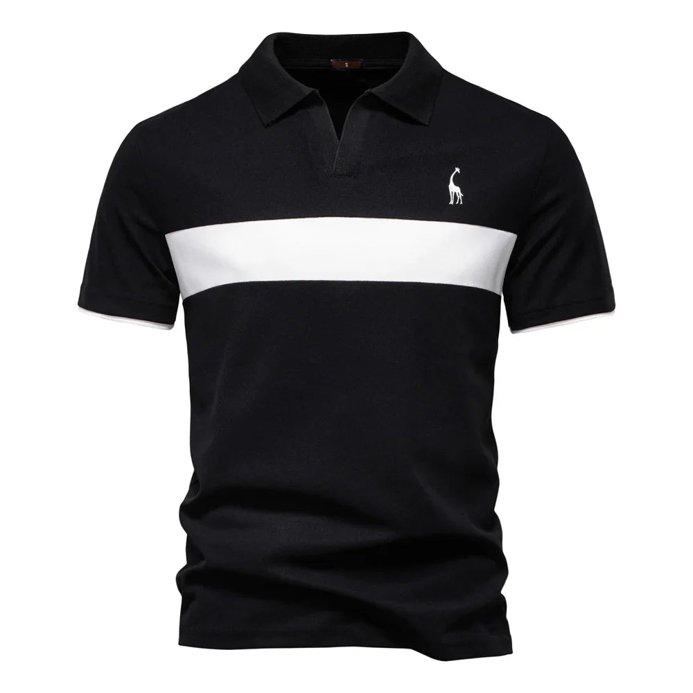 Men's Color Block Polo Shirt – Open Placket Embroidered Giraffe Golf