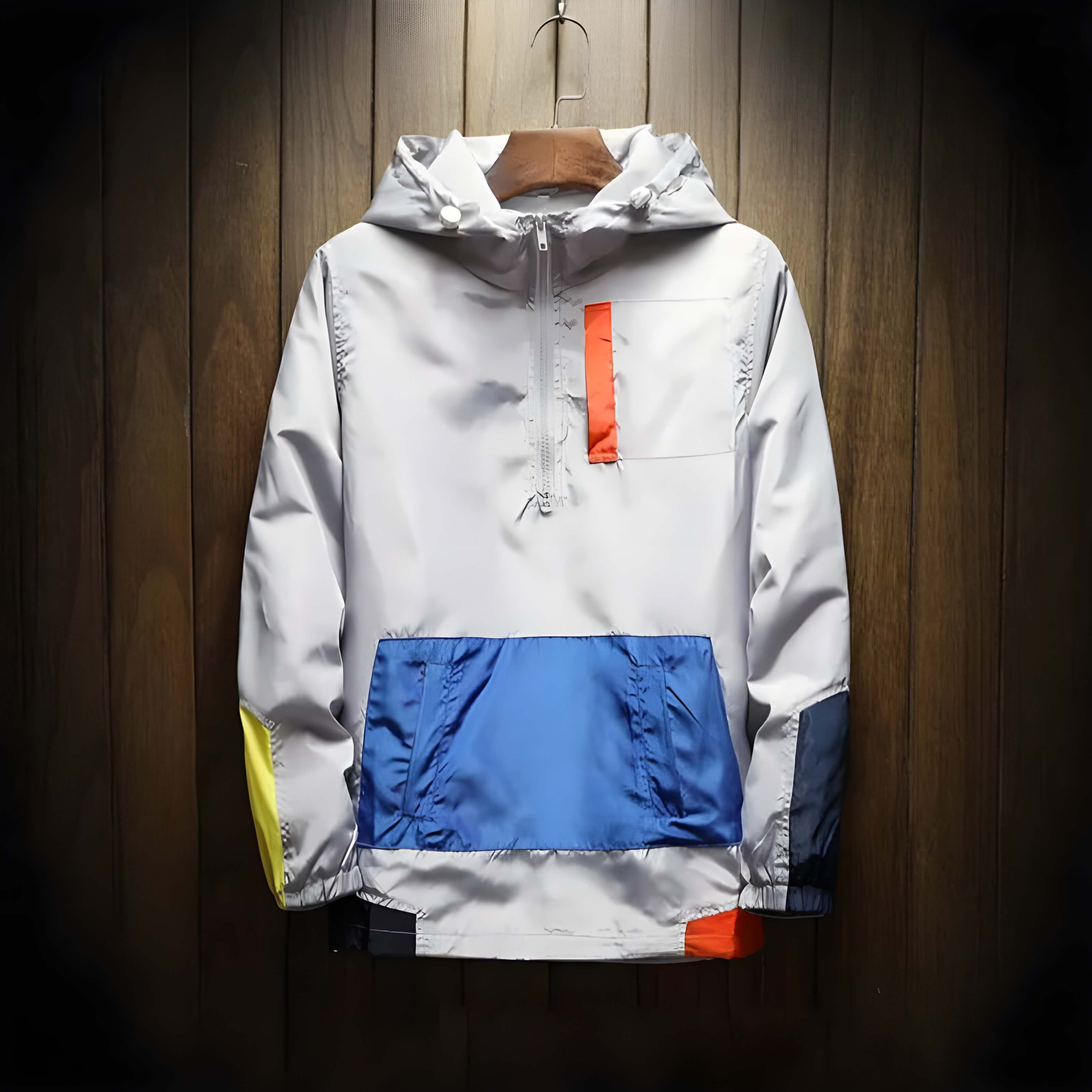 Men's Color Block Windbreaker Jacket – Hooded Half Zip Pullover Kangaroo Pocket