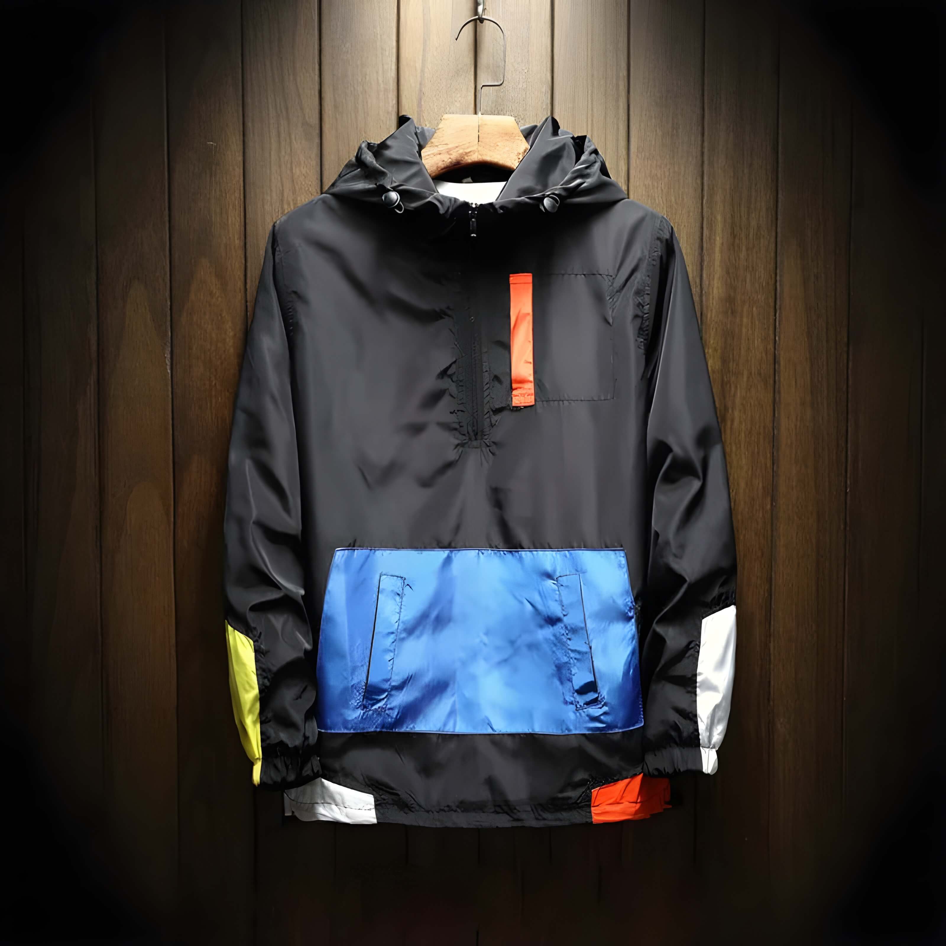 Men's Color Block Windbreaker Jacket – Hooded Half Zip Pullover Kangaroo Pocket