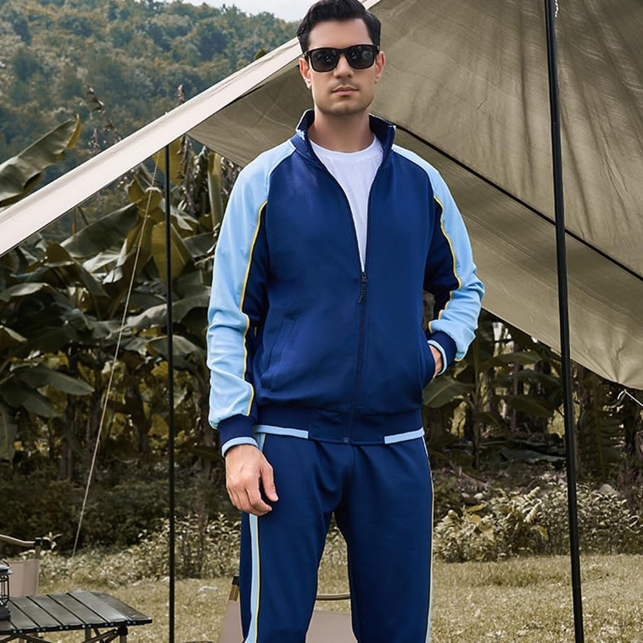 Men's Color Block Zip Up Tracksuit – Stand Collar Jacket Jogger Pants Set