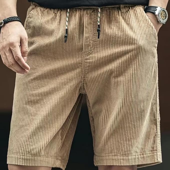 Men's Corduroy Drawstring Shorts – Pull On Back Pocket Mid Length Casual