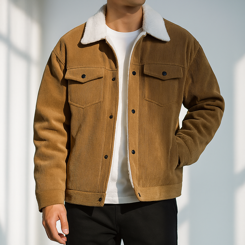 Men's Corduroy Jacket – Sherpa Collar Snap Button Chest Pocket Casual