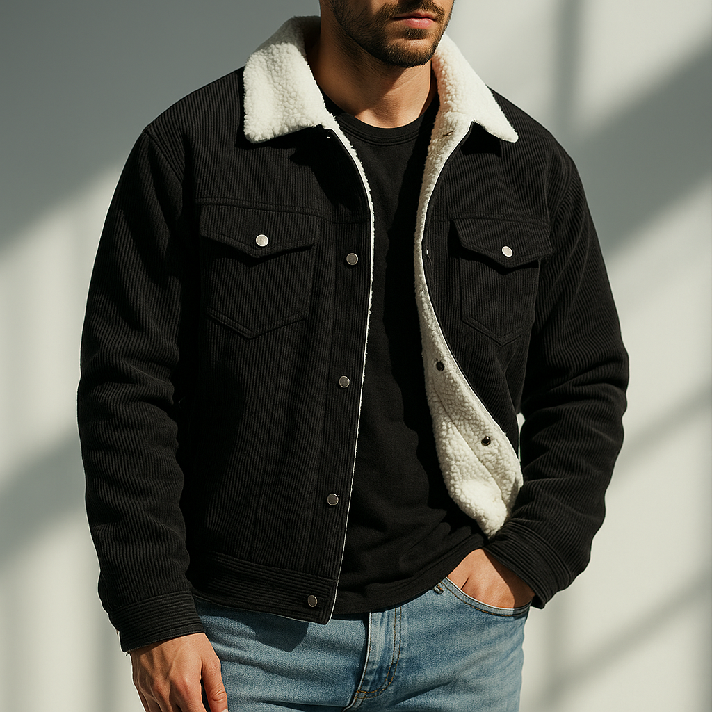 Men's Corduroy Jacket – Sherpa Collar Snap Button Chest Pocket Casual