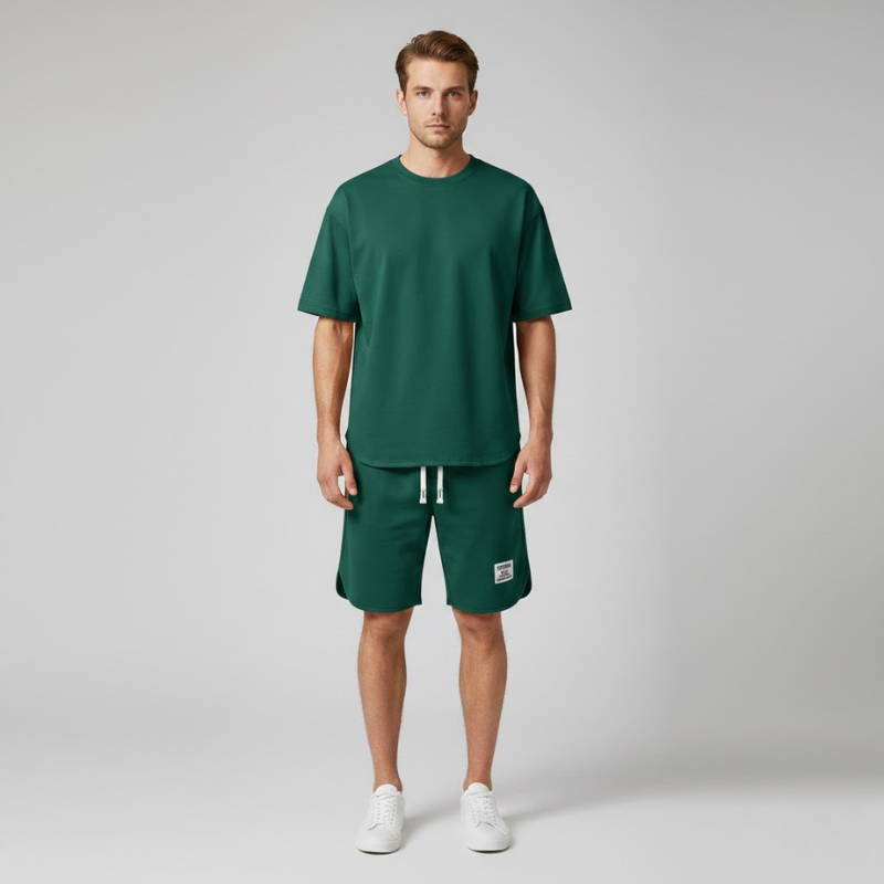 Men's Crew Neck T-Shirt 2 Piece Set – Drawstring Shorts Woven Label Casual