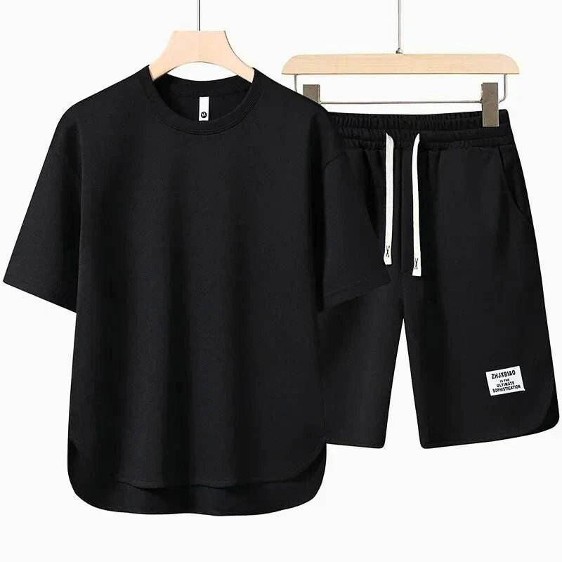 Men's Crew Neck T-Shirt 2 Piece Set – Drawstring Shorts Woven Label Casual