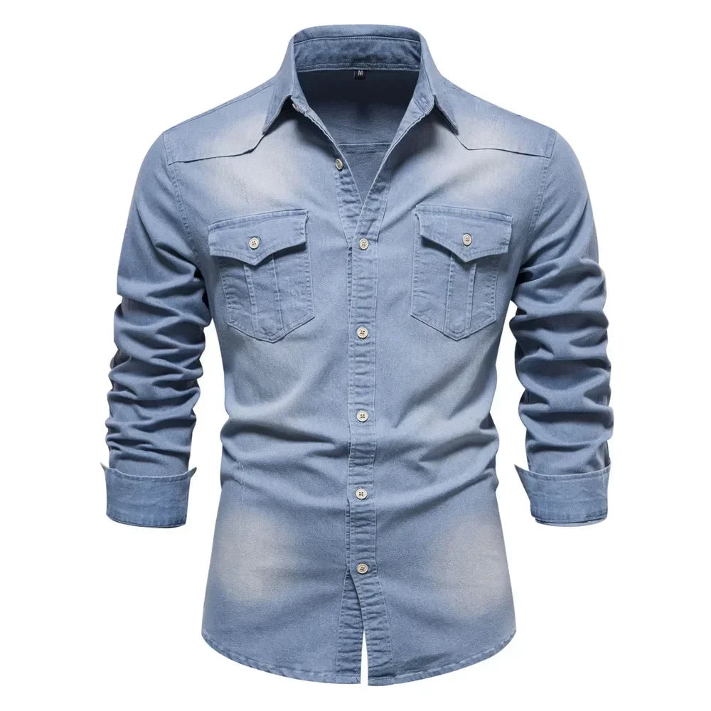 Men's Denim Long Sleeve Shirt – Dual Chest Pocket Button Down Casual