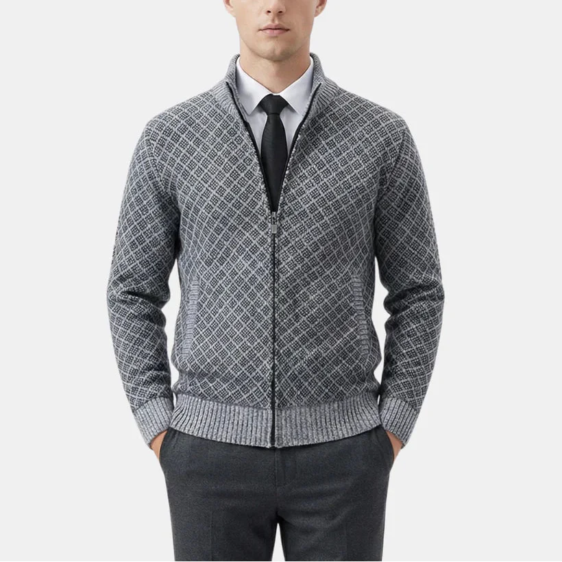 Men's Diamond Knit Full Zip Cardigan – Stand Collar Long Sleeve Smart Casual