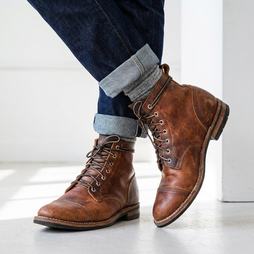 Men's Distressed Finish Cap Toe Ankle Boots – Lace Up Stacked Heel Casual