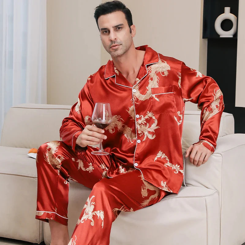 Men's Dragon Print Pajama Set – Notch Collar Button Front Nightwear