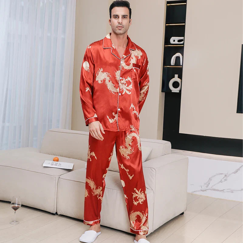 Men's Dragon Print Pajama Set – Notch Collar Button Front Nightwear
