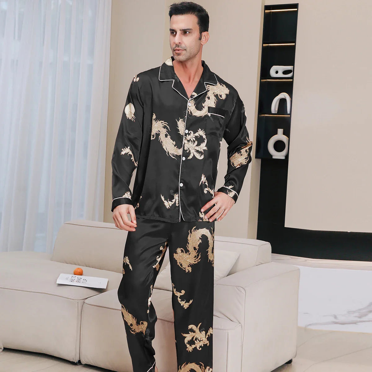 Men's Dragon Print Pajama Set – Notch Collar Button Front Nightwear