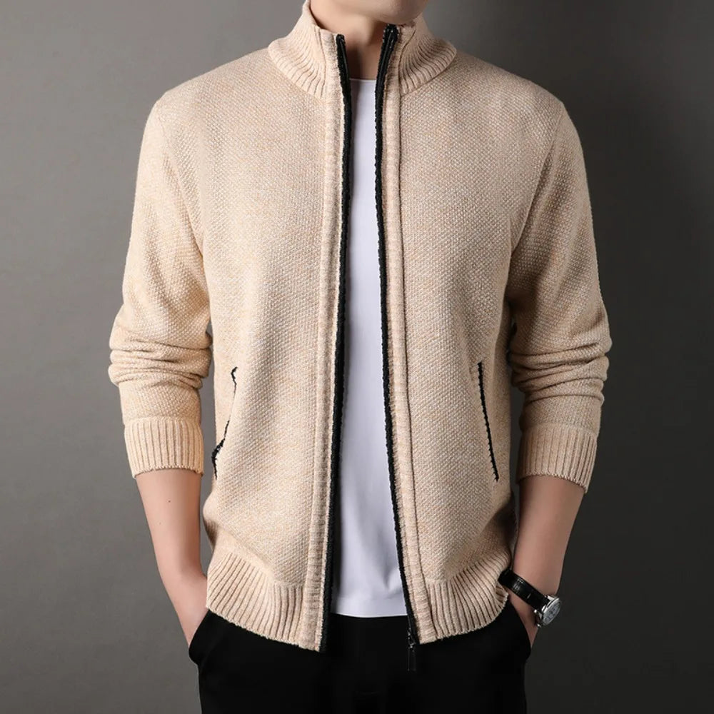 Men's Full Zip Stand Collar Knit Cardigan – Slash Pocket Long Sleeve Casual