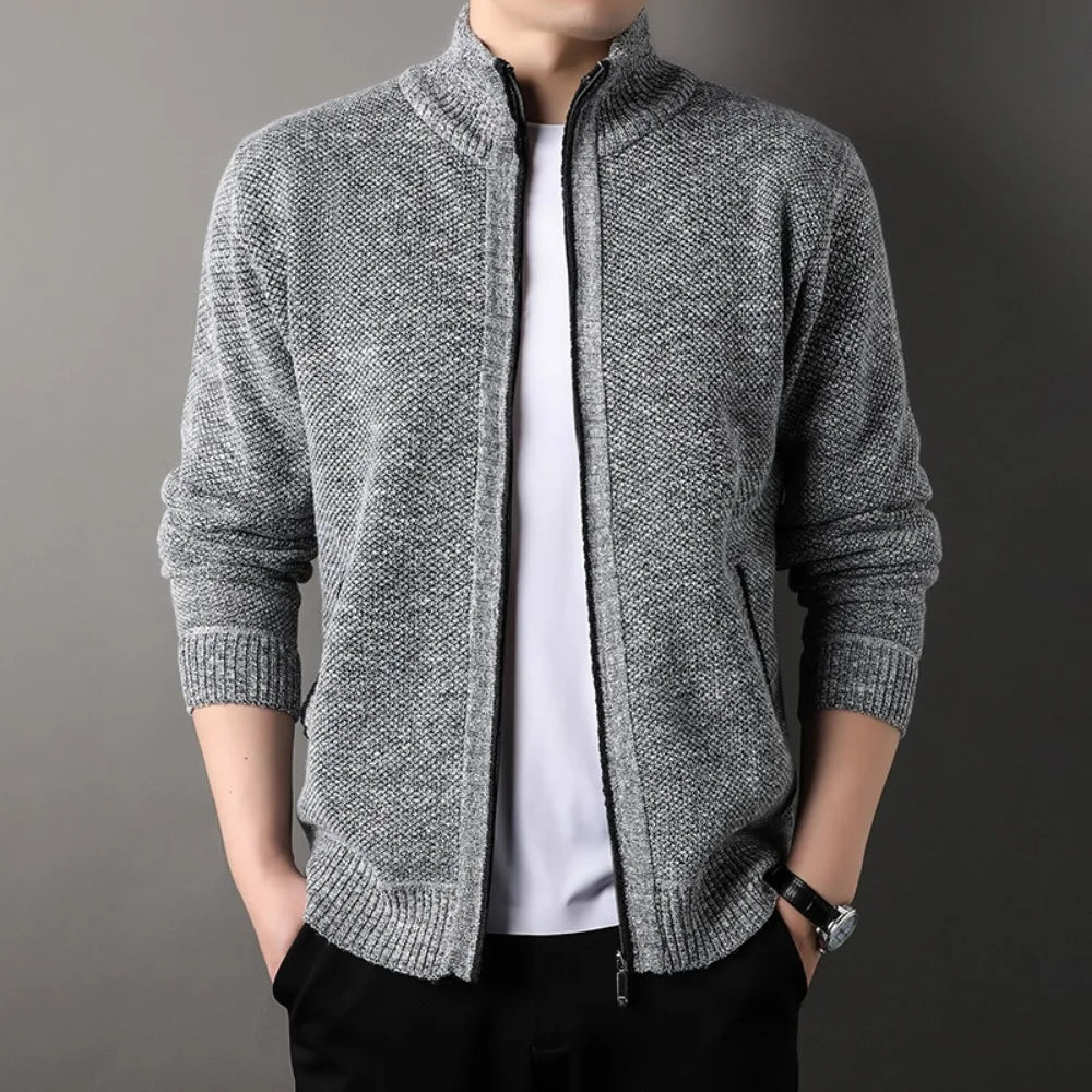 Men's Full Zip Stand Collar Knit Cardigan – Slash Pocket Long Sleeve Casual