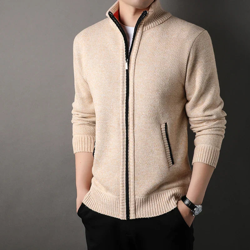 Men's Full Zip Stand Collar Knit Cardigan – Slash Pocket Long Sleeve Casual
