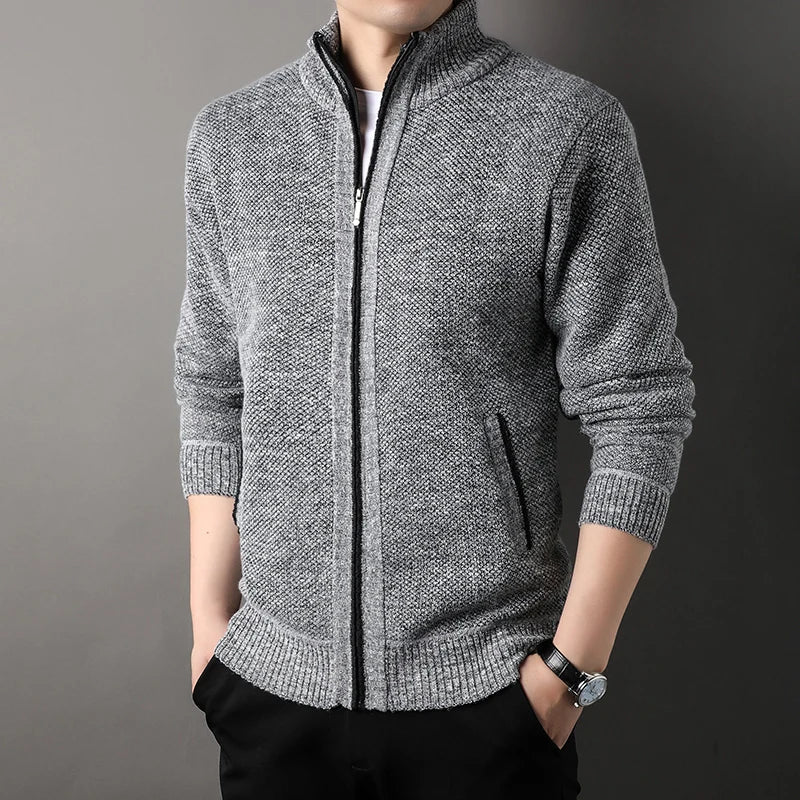 Men's Full Zip Stand Collar Knit Cardigan – Slash Pocket Long Sleeve Casual