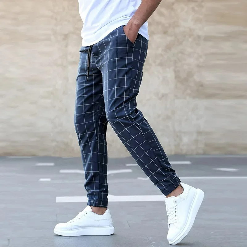 Men's Grid Print Jogger Pants – Drawstring Tapered Ankle Cuff Casual Street