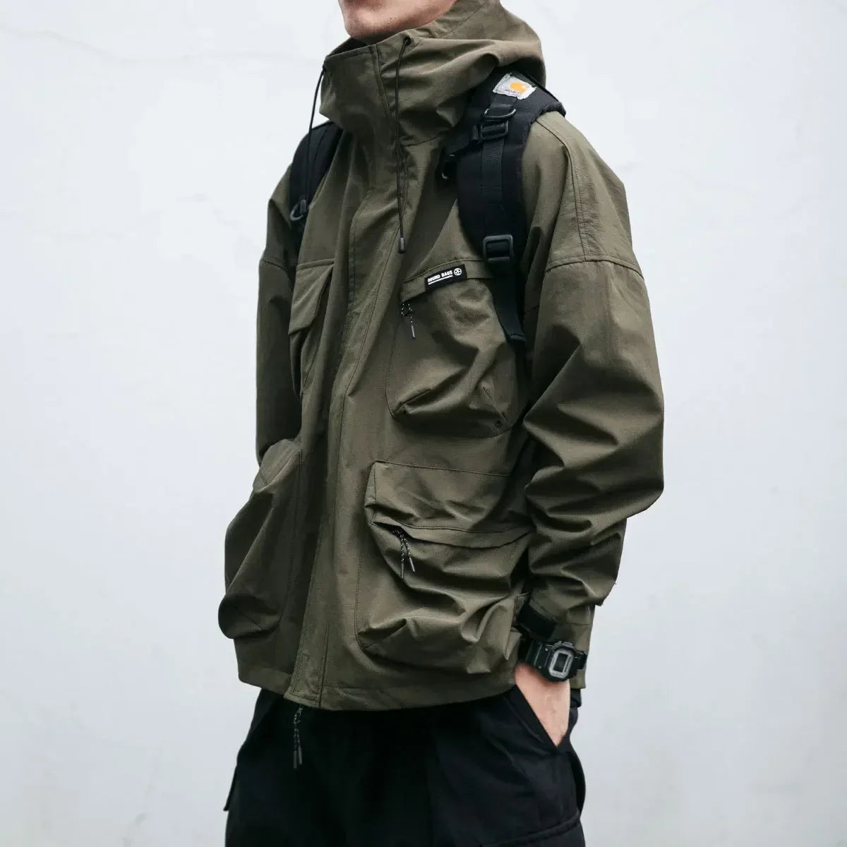 Men's Hooded Windbreaker Jacket – Zip Front Multi Pocket Cargo Outdoor