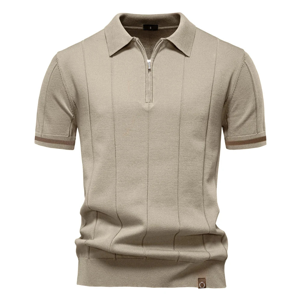 Men's Knit Striped Quarter Zip Polo – Short Sleeve Contrast Cuff Golf