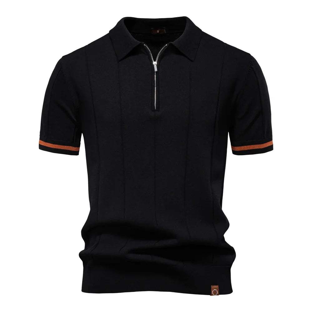 Men's Knit Striped Quarter Zip Polo – Short Sleeve Contrast Cuff Golf
