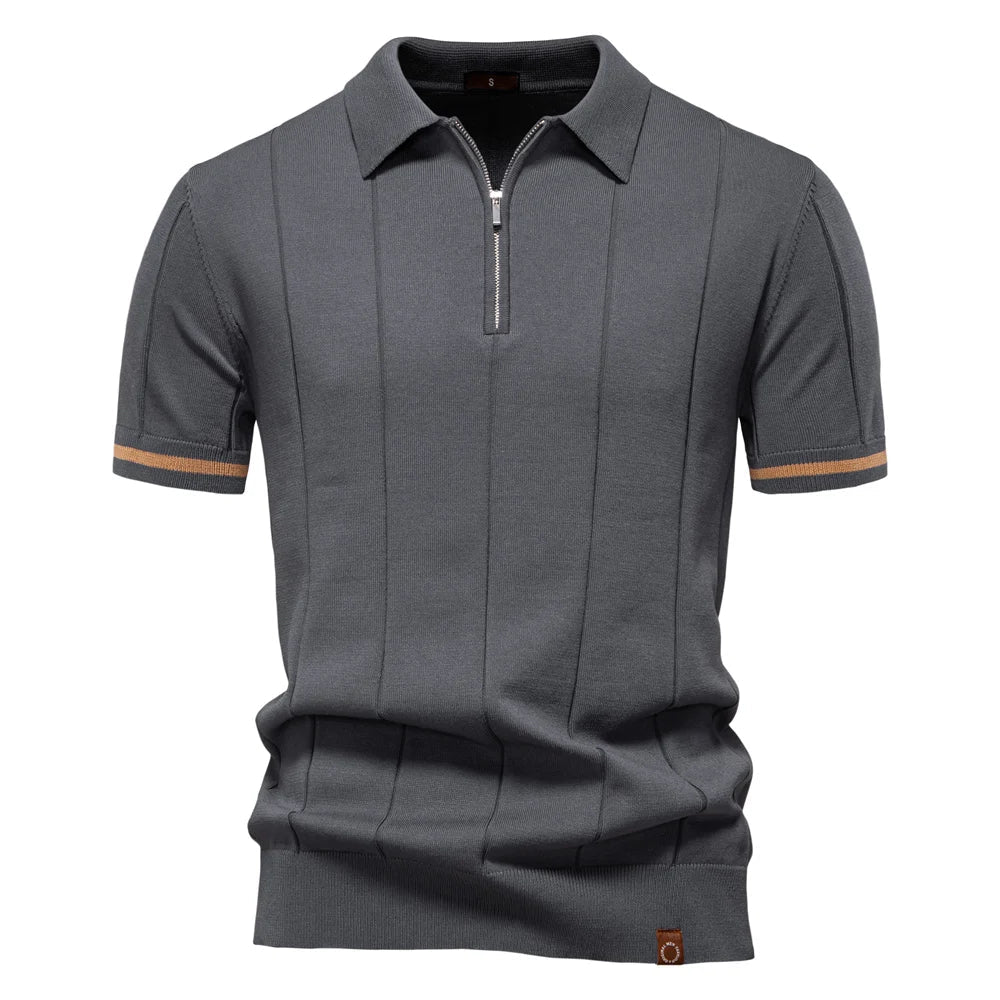 Men's Knit Striped Quarter Zip Polo – Short Sleeve Contrast Cuff Golf