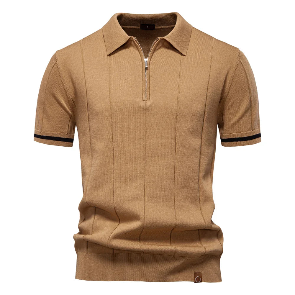 Men's Knit Striped Quarter Zip Polo – Short Sleeve Contrast Cuff Golf