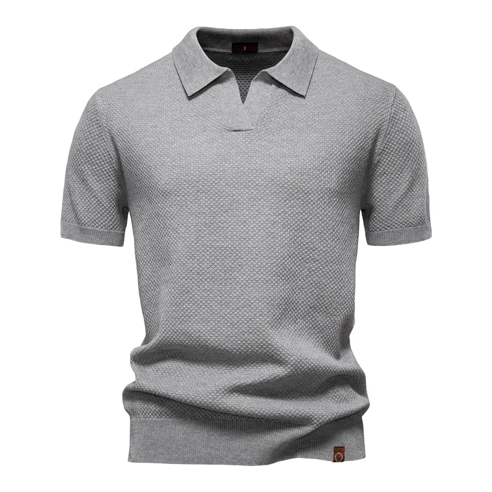 Men's Knit Textured Polo Shirt – Buttonless Open Collar Short Sleeve Golf
