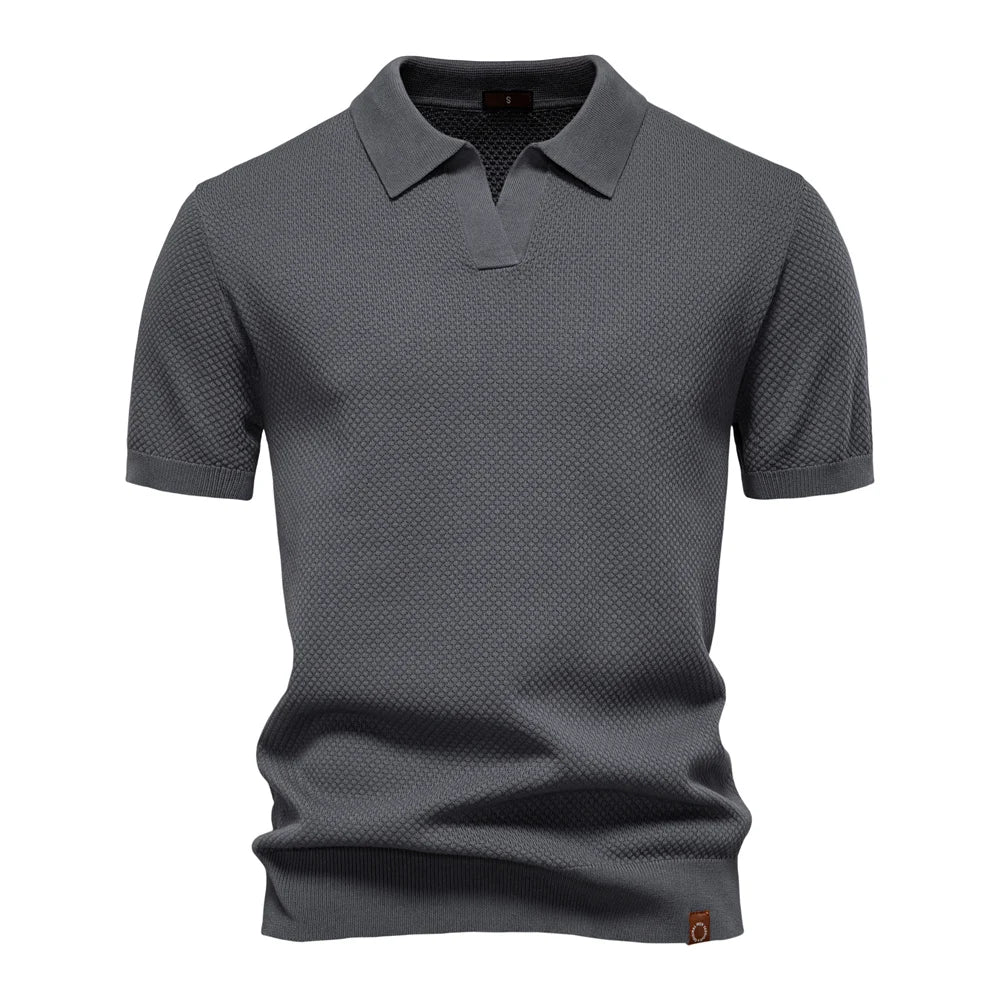 Men's Knit Textured Polo Shirt – Buttonless Open Collar Short Sleeve Golf