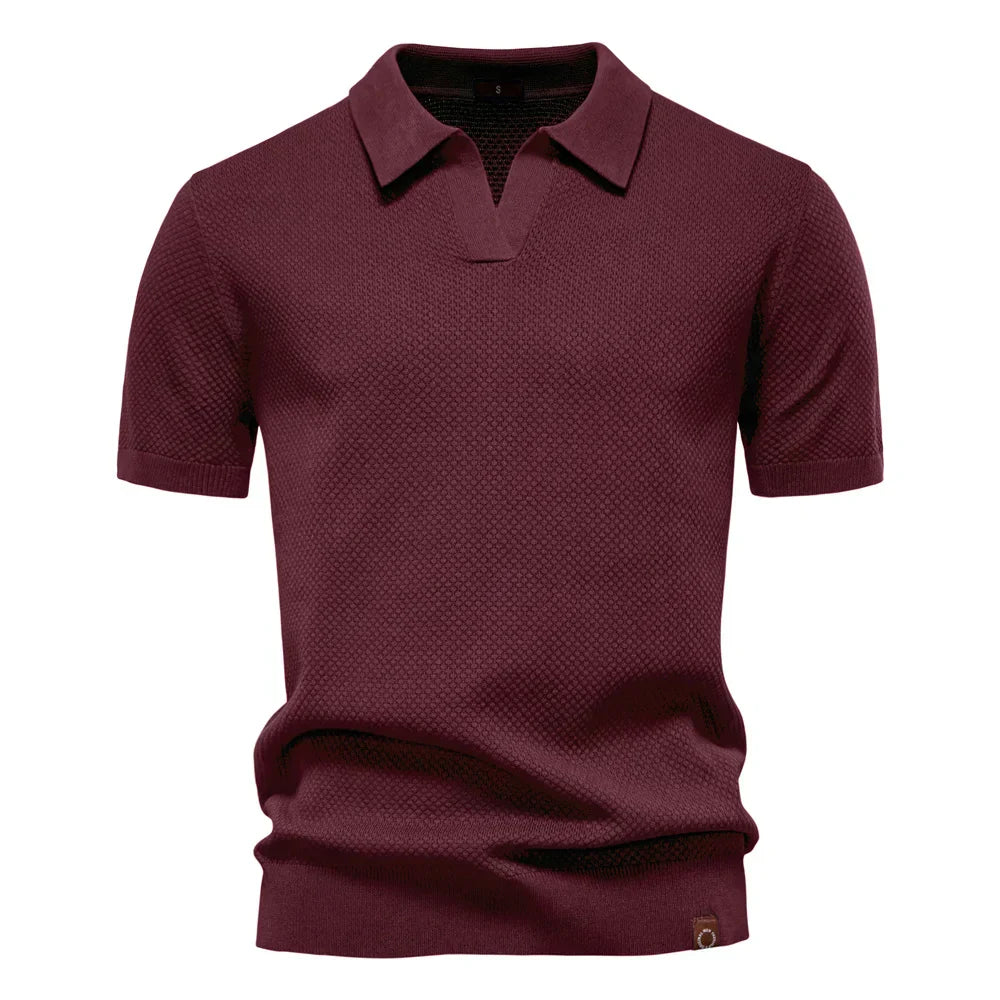 Men's Knit Textured Polo Shirt – Buttonless Open Collar Short Sleeve Golf